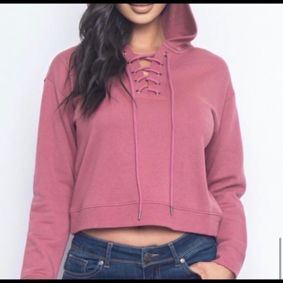 New! Sale 🎉SOFT! Lace Up Mauve Trendy Cropped Sweatshirt Hoodie warm - Picture 6 of 6